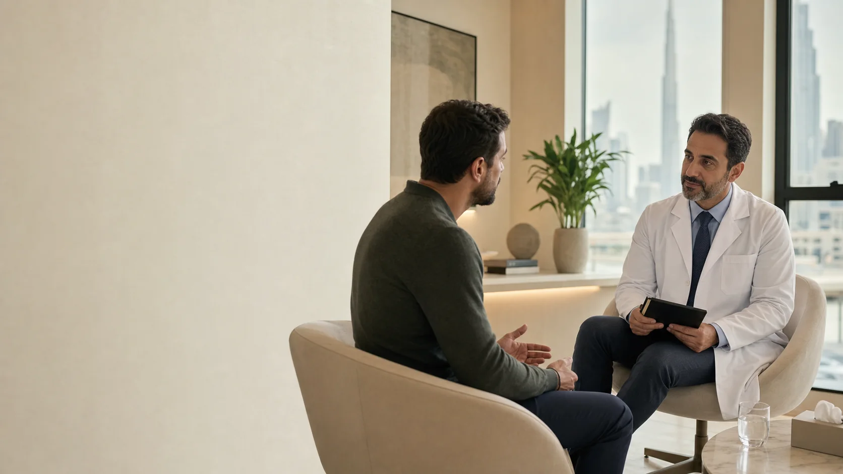 Adult man having a private evidence-based consultation with an unbranded urologist