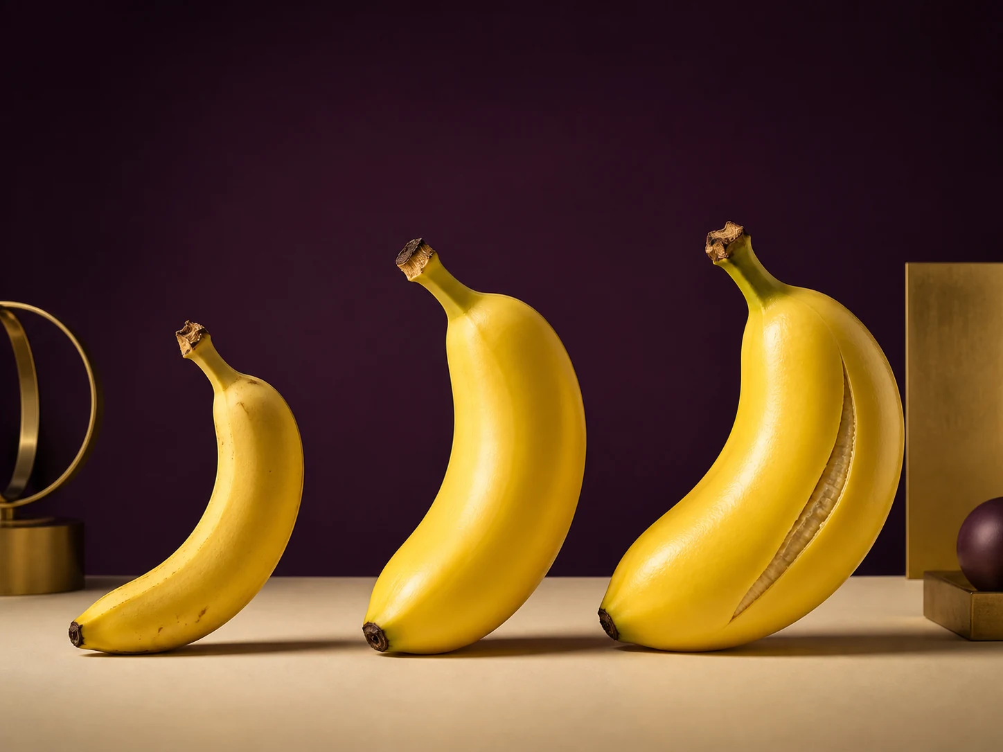 Conceptual progression from a natural banana to an over-expanded banana with a split peel